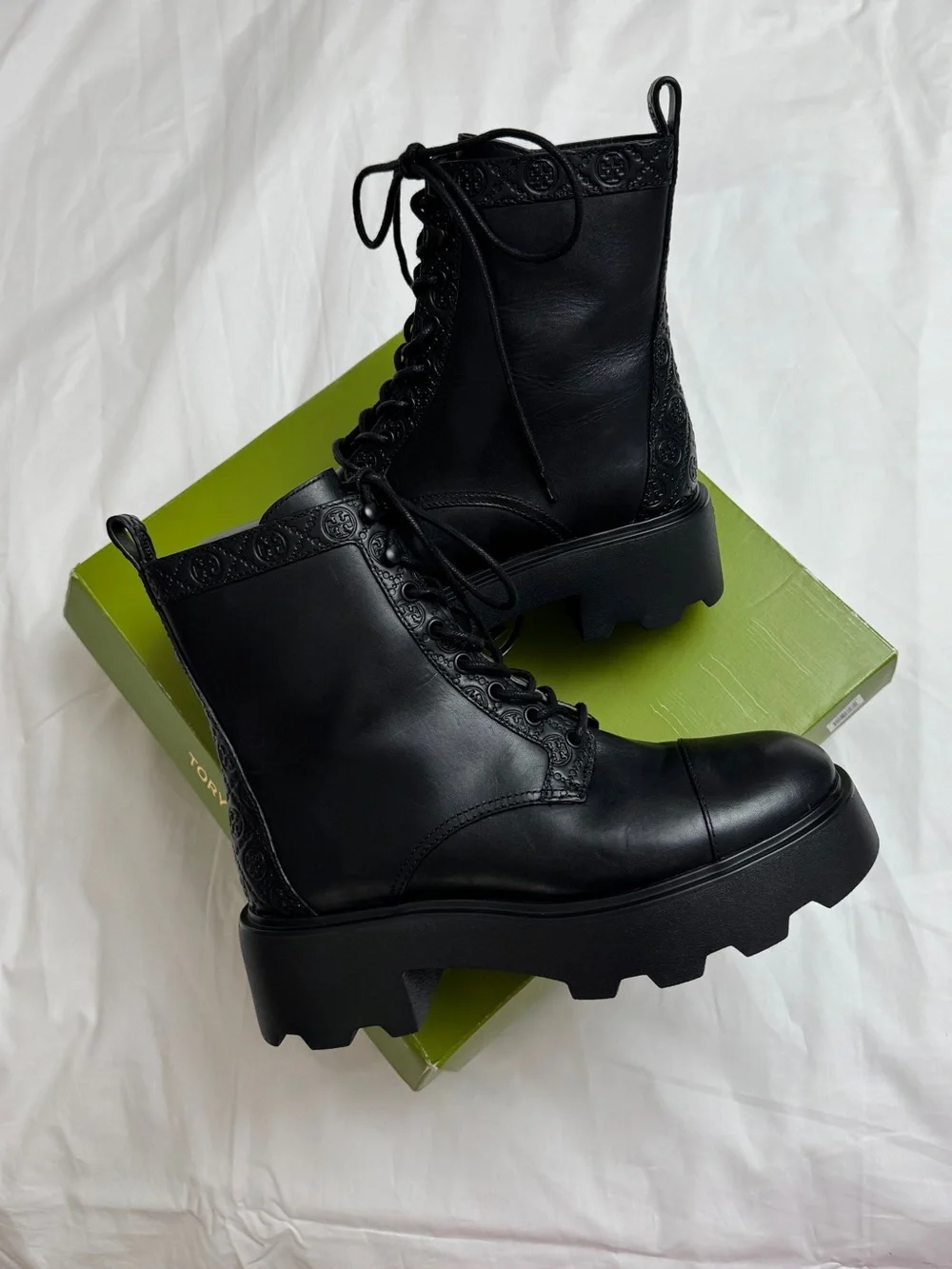 Tory Burch Chunky Black Lug Sole Combat Boots Leather Platform Ankle Boots US 10